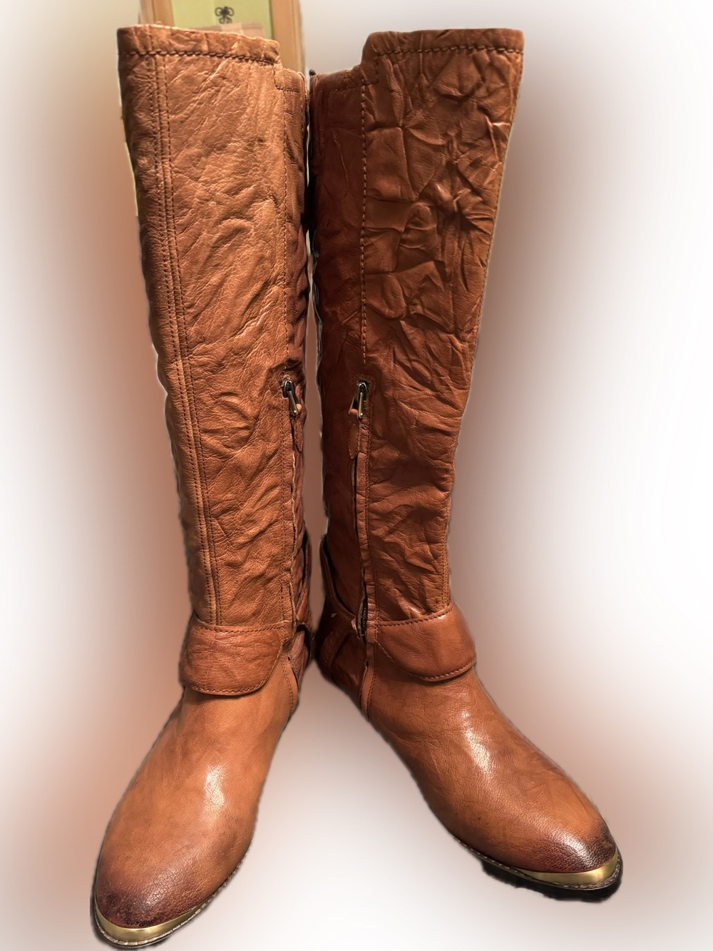 Sam Edelman Presley Cognac Crushed Leather Harness Knee High Boots